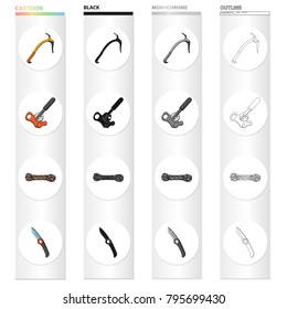 Climbing ice pick, block clamp, coil of rope, knife. Climbing equipment set collection icons in cartoon black monochrome outline style vector symbol stock Isometric illustration web.