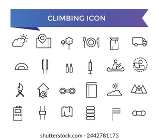 Climbing icon collection. climb, mountains, hiking, ladder, rope, alpinist, climber and more. Line vector icons set.