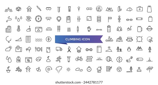 Climbing icon collection. climb, mountains, hiking, ladder, rope, alpinist, climber and more. Line vector icons set.