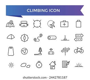 Climbing icon collection. climb, mountains, hiking, ladder, rope, alpinist, climber and more. Line vector icons set.