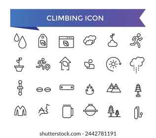 Climbing icon collection. climb, mountains, hiking, ladder, rope, alpinist, climber and more. Line vector icons set.