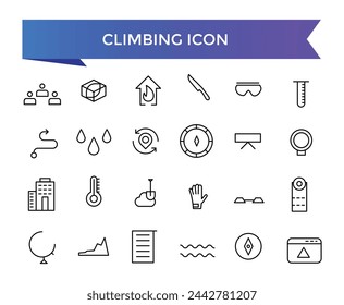 Climbing icon collection. climb, mountains, hiking, ladder, rope, alpinist, climber and more. Line vector icons set.