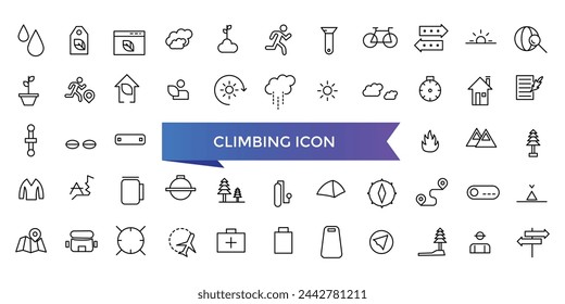 Climbing icon collection. climb, mountains, hiking, ladder, rope, alpinist, climber and more. Line vector icons set.