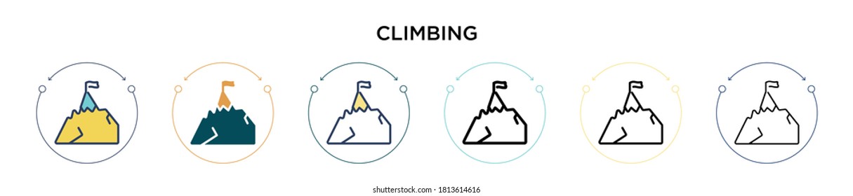 Climbing icon in filled, thin line, outline and stroke style. Vector illustration of two colored and black climbing vector icons designs can be used for mobile, ui, web