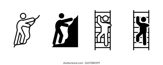 Climbing icon. Human figures scaling rope, wall and ladder structures vector illustration. Symbol of ascent, effort and vertical movement. Mountaineering and sport climbing sign. Activity pictogram.