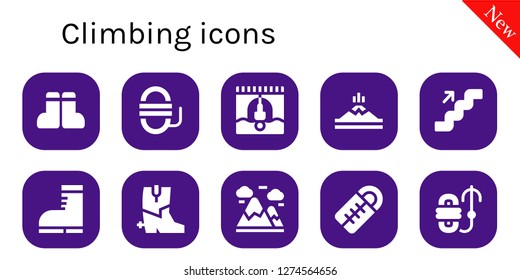  climbing icon set. 10 filled climbing icons. Simple modern icons about  - Boots, Rope, Bungee jumping, Mountain, Stairs, Mountains, Sleeping bag