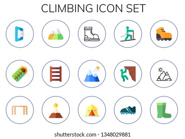 climbing icon set. 15 flat climbing icons.  Simple modern icons about  - carabiner, sleeping bag, mountain, stairs, boot, mountains, ladder, peak, camp, boots