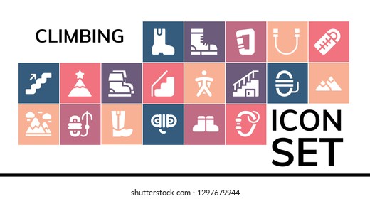  climbing icon set. 19 filled climbing icons. Simple modern icons about  - Boot, Stairs, Mountains, Rope, Boots, Carabiner, Peak, Wingsuit, Mountain, Sleeping bag
