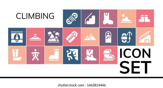 climbing icon set. 19 filled climbing icons.  Collection Of - Rope, Bungee jumping, Boots, Wingsuit, Climbing, Mountain, Mountains, Sleeping bag, Stairs, Boot