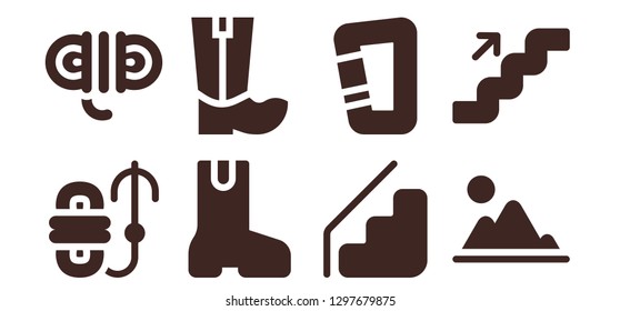  climbing icon set. 8 filled climbing icons. Simple modern icons about  - Rope, Boot, Boots, Stairs, Carabiner, Mountain
