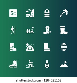 climbing icon set. Collection of 16 filled climbing icons included Climbing, Rope, Boot, Boots, Camping, Hiker, Ice axe, Sleeping bag, Cliff, Scout