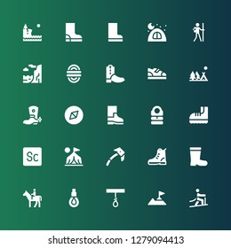 climbing icon set. Collection of 25 filled climbing icons included Climbing, Rope, Horseback, Boots, Boot, Ice axe, Camp, Scout, Sleeping bag, Adventure, Camping, Cliff, Hiker