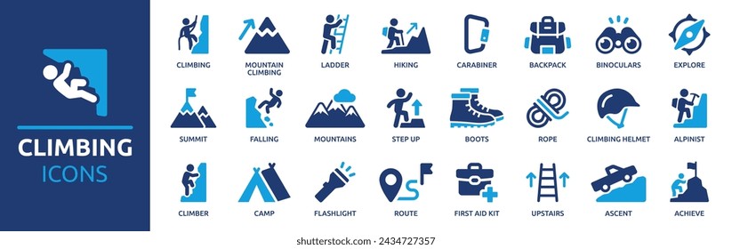 Climbing icon set. Containing climb, mountains, hiking, ladder, rope, alpinist, climber and more. Solid vector icons collection.