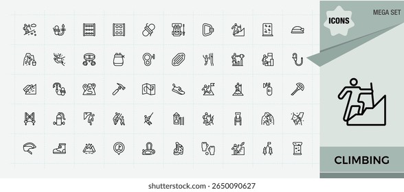Ícone de escalada definido em estilo linear. Ícones lineares minimalistas. Ilustração vetorial editável. Conjunto de ícones relacionados a aventura. Contendo acampamento, atividade, montanha, aventura e muito mais.