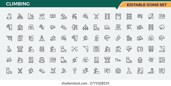 Climbing icon set. Minimalist editable vector stroke. Vector illustration in modern line style. Climb line icon set. It contains symbols to adventure, camp, mountain and more.