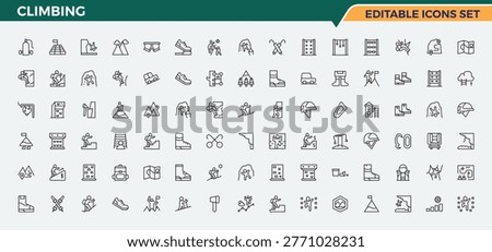 Climbing icon set. Minimalist editable vector stroke. Vector illustration in modern line style. Climb line icon set. It contains symbols to adventure, camp, mountain and more.
