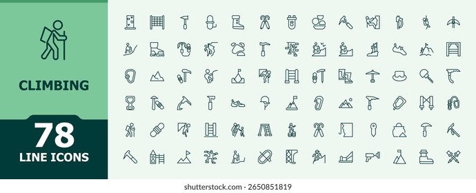 Climbing icon set. Trendy minimal icons. Editable stroke. Vector collection. Hiking icon set. Pictograms of adventure, activity, mountain, camping and more.