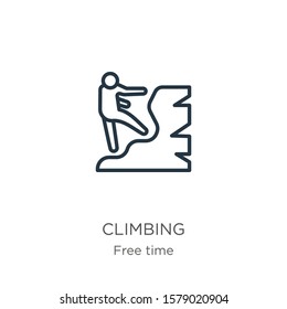 Climbing icon. Thin linear climbing outline icon isolated on white background from free time collection. Line vector sign, symbol for web and mobile