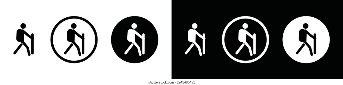 Climbing icon vector. Climb or hike sport icon. Simple person climbing mountains or hills sign in black and white circle for sports app and websites, symbol illustration