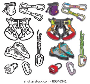 Climbing Icons one Vector icon illustration of a selection of sport climbing accessories and equipment. Layered file for easy editing. Why not check out my portfolio?