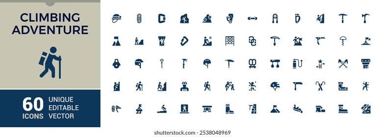 Ícones de escalada definidos em estilo sólido. Apresentando turismo, alpinista, escalada, aventura, caminhadas e muito mais. Conjunto de pictogramas sólidos. Coleção de ícones preenchidos com vetor.