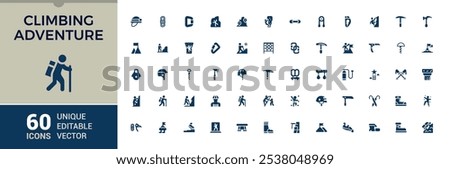 Climbing icons set in solid style. Featuring tourism, climber, climbing, adventure, hiking and more. Set of solid pictogram. Vector filled icons Collection.