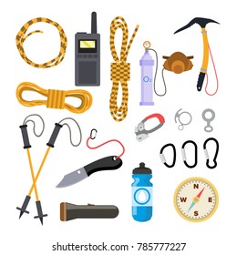 Climbing Icons Set Vector. Rock Trekking Equipment And Accessories. Isolated Flat Cartoon Illustration