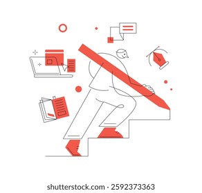 Climbing the Ladder of Success. Learning and education. Line illustration. A walking person. Abstract style.