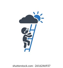 Climbing Ladder Towards Sun Icon On White Background