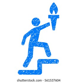 Climbing Leader With Torch grainy textured icon for overlay watermark stamps. Flat symbol with unclean texture. Dotted vector blue ink rubber seal stamp with grunge design on a white background.