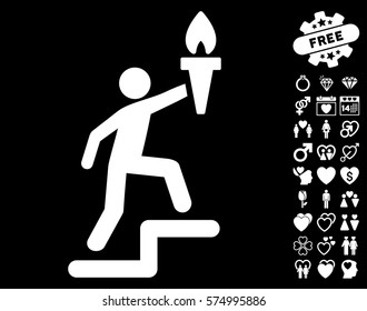 Climbing Leader With Torch icon with bonus love graphic icons. Vector illustration style is flat iconic white symbols on black background.
