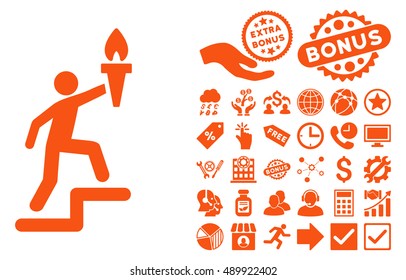Climbing Leader With Torch pictograph with bonus pictures. Vector illustration style is flat iconic symbols, orange color, white background.