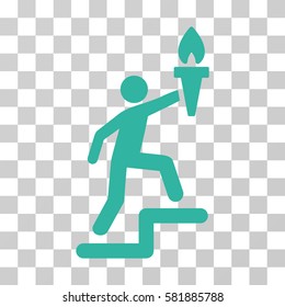 Climbing Leader With Torch vector pictograph. Illustration style is a flat iconic cyan symbol on a transparent background.