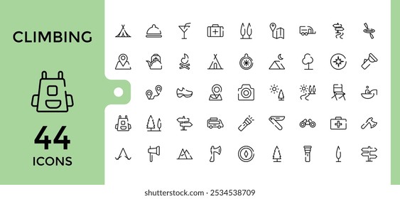 Climbing line icons collection. Containing tourism, climbing, climber, adventure, outdoors, hiking and more. Perfect for logos and infographics. Vector illustration in modern line style.