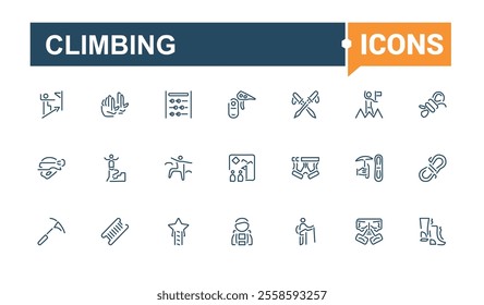 Climbing line icons set. It contains symbols to hiking, outdoors, climber, adventure, tourism and more. Simple icon designs. Editable stroke. Vector illustration.