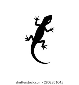 Climbing lizard icon with four spread legs, pointed head and long curling tail in a bold black reptile silhouette isolated on white