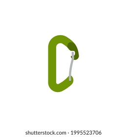 Climbing metal carabiner fastener symbol, flat vector illustration isolated on white background. Tourist climb and mountaining sport equipment logo element.