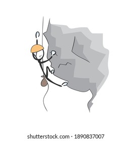 Deporte extremo montañoso. Vector simple rocas escalador. Stickman no es caricatura de clipart. Dibujado a mano. Dibujo de Doodle, ilustración gráfica