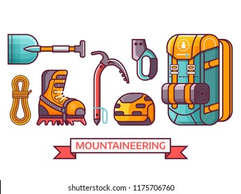 Climbing and mountain hiking icon set with professional mountaineering equipment. Summer alpinist expedition and adventure elements and essentials. Climb and hike icons in line art.