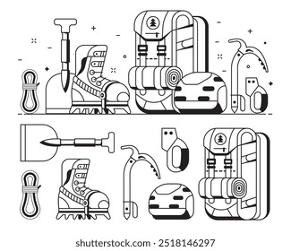 Conjunto de iconos de escalada y senderismo de montaña con equipo profesional de montañismo. Expedición alpinista de verano y Elementos de aventura y esenciales. Escalada y caminata concepto de Anuncio en línea de arte.
