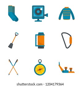 Climbing mountain icon set. Flat set of 9 climbing mountain vector icons for web design