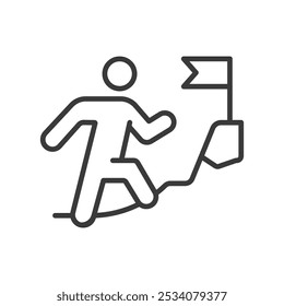 Climbing the mountain, in line design, green. Climbing, mountain, ascent, hike, peak, summit, adventure on white background vector. Climbing the mountain editable stroke icon