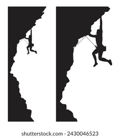 climbing mountain. man rock climbers. black isolated white background