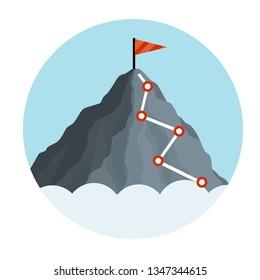 Climbing mountain with red flag. Points and stages of route. Business motivation in personal growth. Self-development and success. Mountaineering and sports. Logo in circle. Cartoon flat illustration