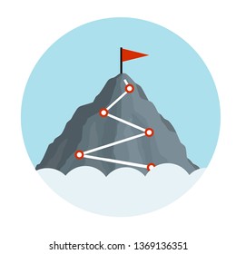 Climbing mountain with red flag. Points and stages of route. Business motivation in personal growth. Self-development and success. Mountaineering and sports. Logo in circle. Cartoon flat illustration