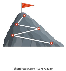 Climbing mountain with red flag. Points and stages of route. Business motivation in personal growth. Self-development and success. Mountaineering and sports. Cartoon flat illustration