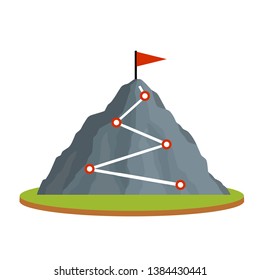 Climbing mountain with red flag. Points and stage of route on green platform. Business motivation in personal growth. Self-development and success. Mountaineering and sports. Cartoon flat illustration
