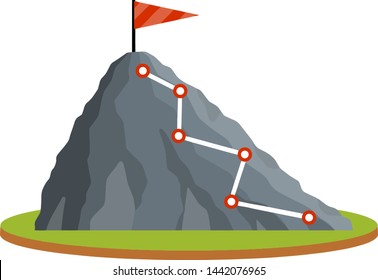 Climbing mountain with red flag. Points and stage of route on green platform. Business motivation in personal growth. Mountaineering and sports. Cartoon flat illustration. Self-development and success