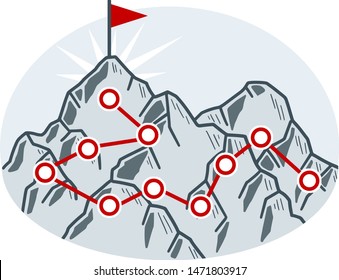 Climbing mountain with red flag. Points and stages of route. Self-development and success. Mountaineering and sports. Cartoon hand drawn illustration. Business motivation in personal growth