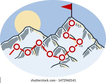 Climbing mountain with red flag. Points and stages of route. Self-development and success. Mountaineering and sports. Cartoon hand drawn illustration. Business motivation in personal growth